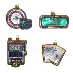 Set of 4 Casino Christmas Ornaments   Royal Flush Roulette Craps Slots 