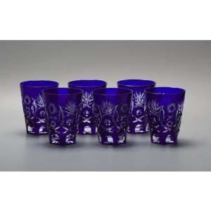  Set of Six Blue Crystal Glasses 