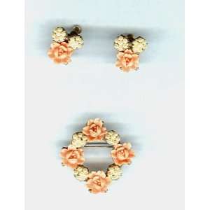  Vintage Pink Flowers & Sculptured Pearls Pin & Earrings 