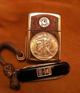 Custom Walking Liberty Silver Half Dollar Zippo. w Victorinox 1 Gram 
