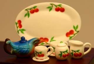 Dollhouse Miniature Blue Bird Teapot with Tea Set  