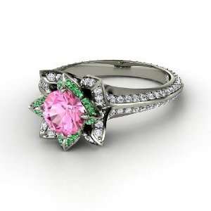 Pave Lotus Ring, Round Pink Sapphire Platinum Ring with 