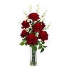 NearlyNatural Roses w/Cherry Blossoms Silk Flower Arrangement Red