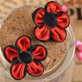 100pcs Satin Ribbon Red Flower with Black Stamen Appliques AF7080 Free 
