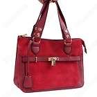   Classic Lock Tote Shopper Shoulder Bag Purse PU Leather Trim Red