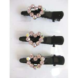    3pc Pink Rhinestone Hearts Black Metal Hair Clips For Girls Beauty