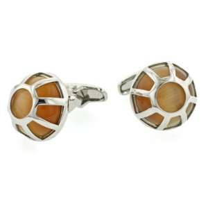 Silver plated cage effect cufflinks with a golden brown coloured cats 