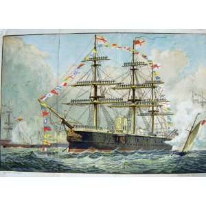    1885 COLOUR PRINT SHIP ROYAL SALUTE SPITHEAD FLAGS