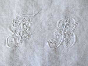 Vintage French linen + cotton sheet FB monogram white 77 by 99 inch 