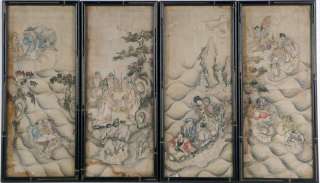 Set of Four Watercolor on Silk Paintings of the Eight Immortals of the 