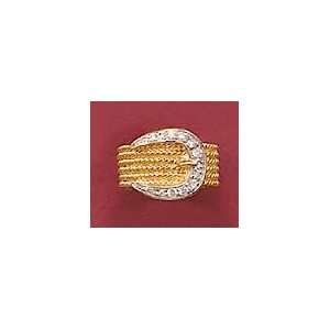 14K Gold/Rhodium Plated Sterling Silver Belt Ring, Cubic Zirconia, 9 