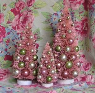Dusty Pink Christmas Bottle Brush Trees with Shiny Ornaments Set of 3 