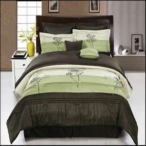 Sage & Coffee w/ green and beige stitching 12 Pc Comforter Set 