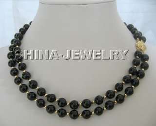 Beautiful 17 18  2row 8mm black round onyx with gold bead necklace