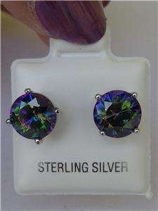   Silver 925 Unisex Round Cut 7 mm Rainbow Mystic Topaz Stud Earrings