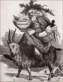 Folk tale depiction of Father Christmas riding on a goat .