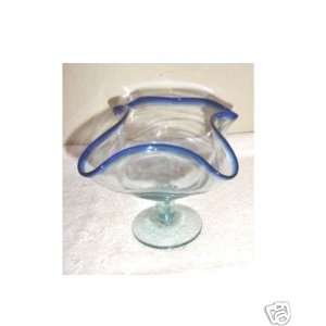    Blown Glass Stemmed Bowl with Cobalt Blue Rim 