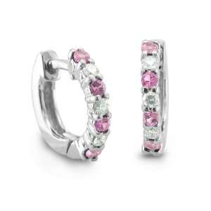  18k White Gold Natural Pink Sapphire Diamond Hoop Earrings 