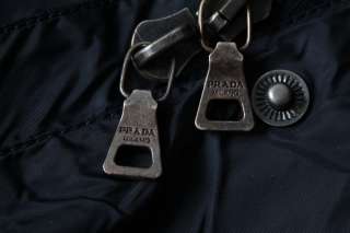 PRADA Navy Coated Nylon+Leather Nip Waist Hoodie Raincoat Jacket Long 