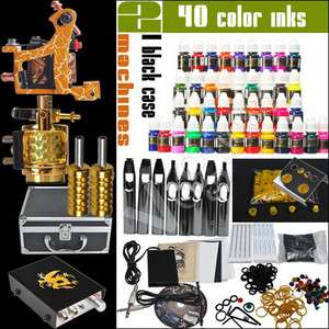 Tattoo kit 2 Machines Gun 40 color Inks Power supply needles Equipment 