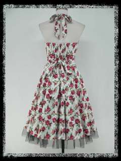   WHITE & PINK FLORAL 50s RETRO PARTY VINTAGE COCKTAIL PROM GOWN DRESS