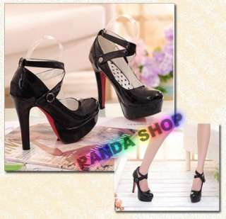 SS032 Black Strap Buckle Lady Stiletto Pump Super High Heel Shoes 