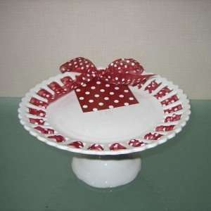 White Ceramic Footed Cake Stand with Red Polka Dot Ribbon 8 Inch 