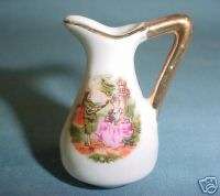Miniature Porcelain Pitcher~Victorian Couple/Gold Trim  