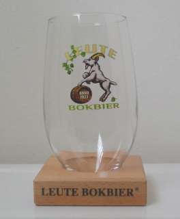 LEUTE BOKBIER Belgian BEER GLASS w/Wood Stand  