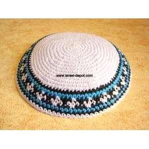Jewish Kippah Knitted Bright White Ornament Hebrew Israeli