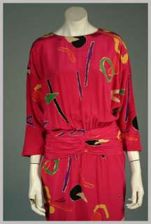 Vintage 80s FUCHSIA Hot Pink Silk AVANT GARDE Print Dress w RUCHED 