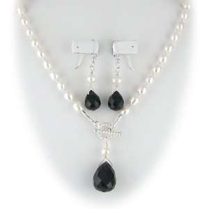   Briolette Lariat Freshwater Pearl Necklace Earrings Set Jewelry