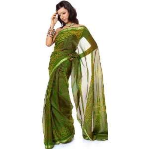    Green Bandhani Sari from Rajasthan   Pure Chiffon 
