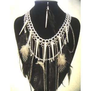 Spike Necklace Earring Set with Feather   Black Feather with Silver 