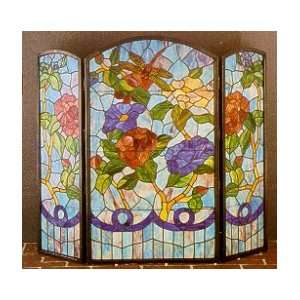    Dragonfly & Flowers Stained Glass Fireplace Screen
