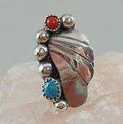   STERLING SILVER TURQUOISE & CORAL FASHION RING ~ BAND SIZE 8 1/2