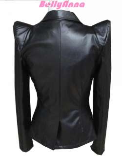 Black PU Leather Peak Power Shoulder Blazer Jacket Coat  