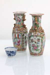 PAIR antique 19thC Chinese porcelain vases Canton mandarin rose 