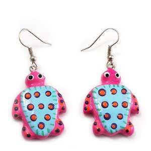  Funky Wooden Turtle Drop Earrings (Deep Pink & Light Blue 