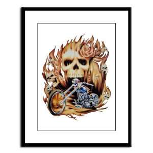  Large Framed Print Biker Skull Flames Rose and Motorcycle 