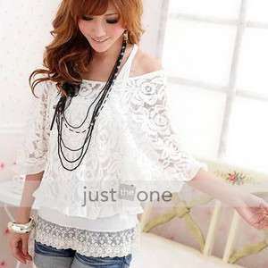 Women Casual Lace Top Shirt Cover Up Blouse Vest 2in1  