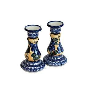  Polish Pottery Grapes Candlestick Pair with Cobalt Trim 
