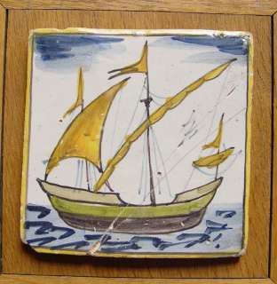 Mediterranean Delft Tile Ship 18th/19th C. Polychrome  