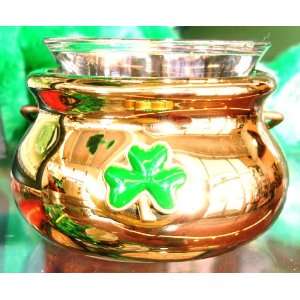 Irish Shamrock Pot of Gold Tealight Holder Metal Glass