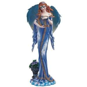 Angel With Blue Wings Standing With Harp Collectible Figurine Statue