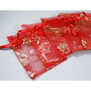 100 PCS Golden Butterfly Red Organza Wedding Party, Baby Shower Party 