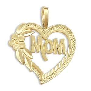   MOM Heart Flower Pendant 14k Yellow Gold Charm Jewel Roses Jewelry