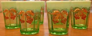 MOSSER GLASS PITCHER TUMBLERS VINTAGE ART GREEN GOLD  
