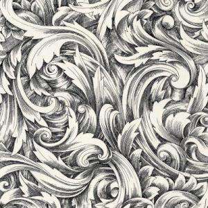 The Wallpaper Company 56 Sq.ft. Black And White Leaf Scroll Wallpaper 