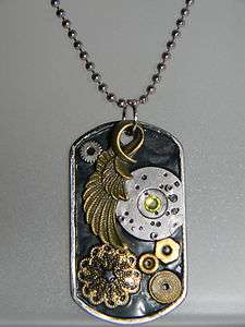  Collage Pendant Watch Parts Angel Wing Black Dog Tag Necklace D138